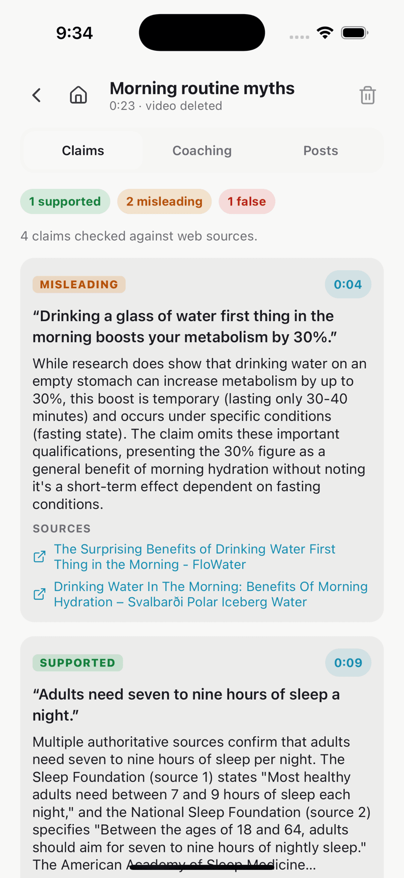 Video Analysis claims tab in the TrueSay app: a 23-second video titled Morning routine myths, four claims checked against web sources, one supported, two misleading, one false, each with a timestamp, an explanation and its sources. The header notes the video was deleted.